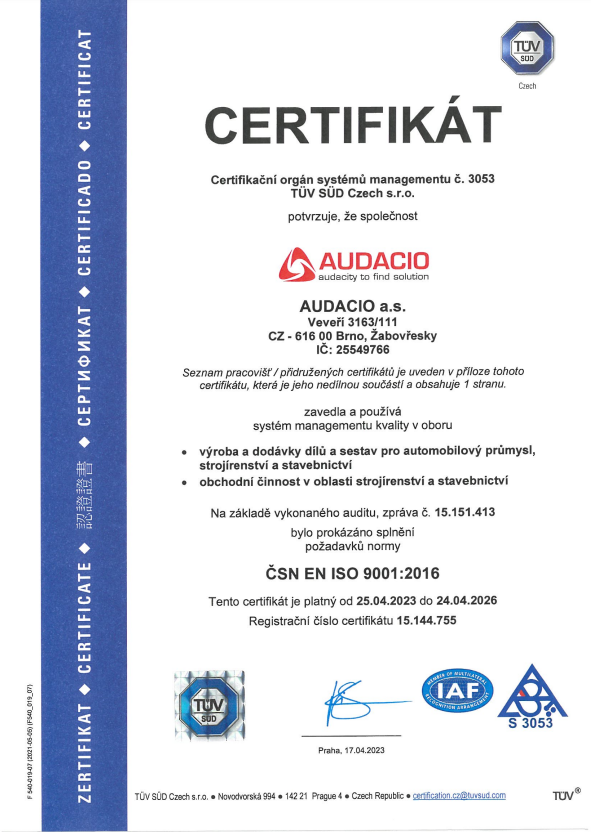 Certifikát ČSN EN ISO 9001:2016 pro společnost Audacio