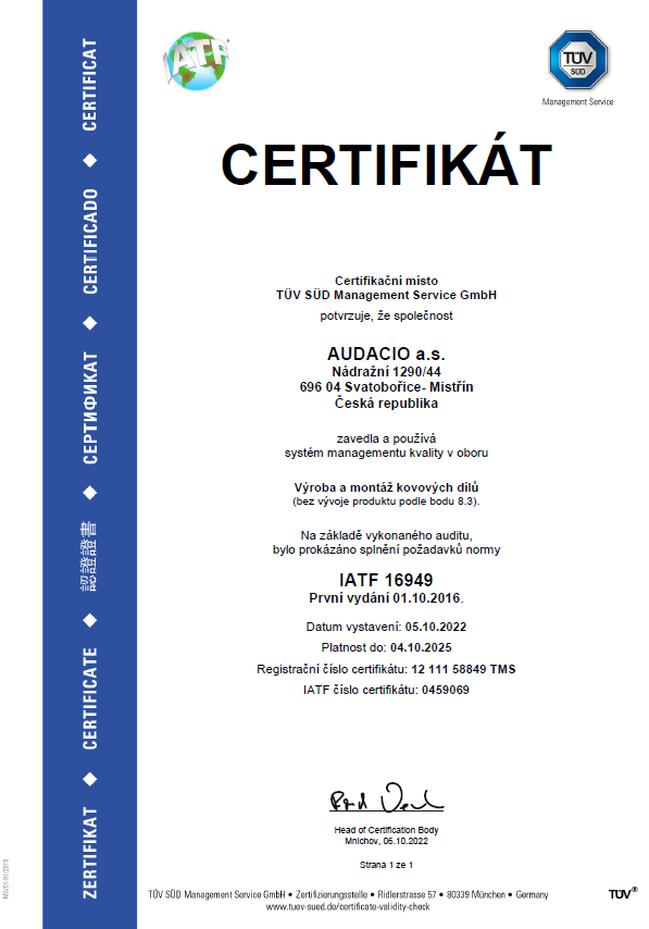 Certifikát IATF 16949 pro společnost Audacio česká verze