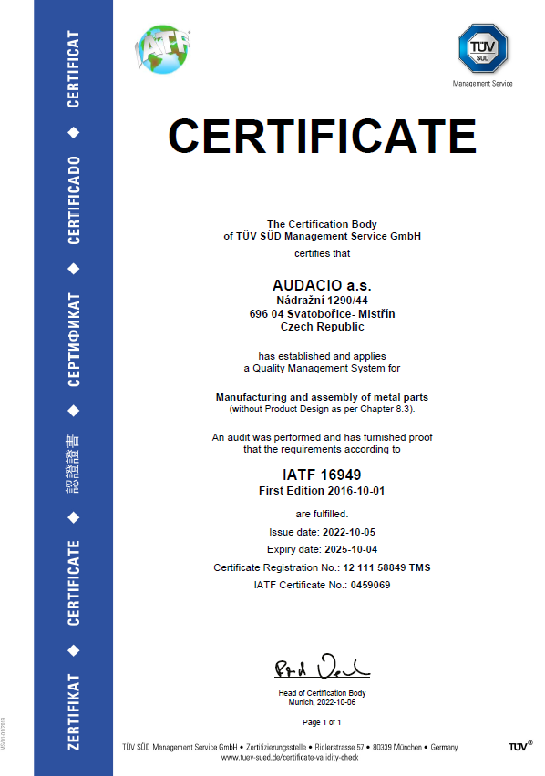 Certifikát IATF 16949 pro společnost Audacio anglická verze