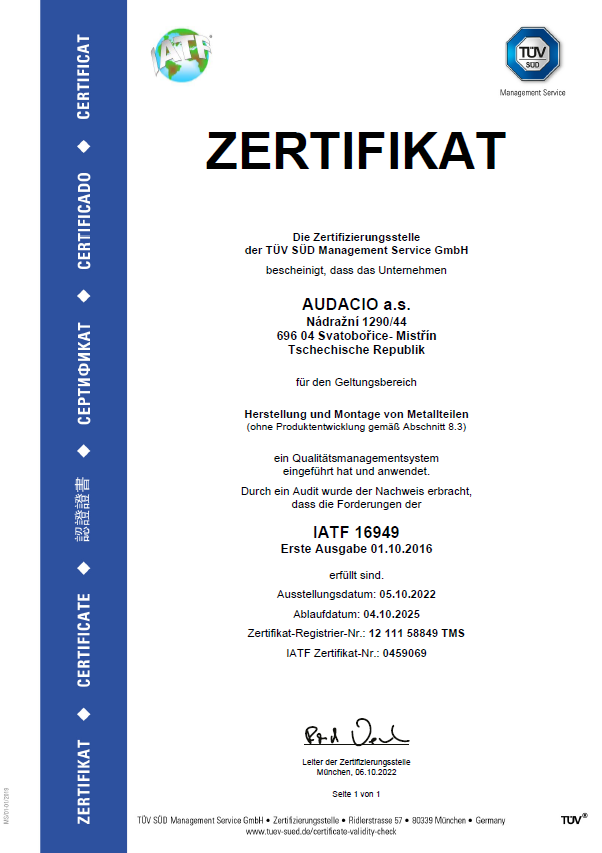 Certifikát IATF 16949 pro společnost Audacio německá verze