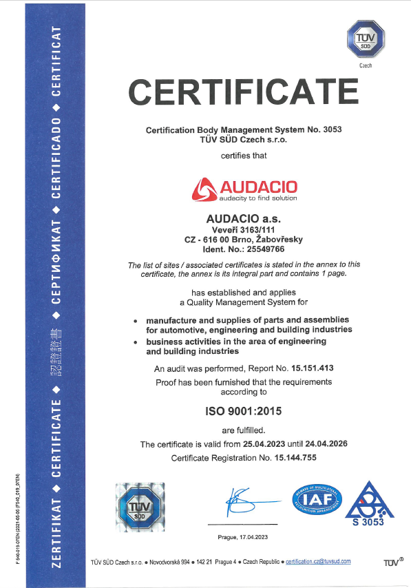 Certifikát ČSN EN ISO 9001:2015 pro společnost Audacio anglická verze